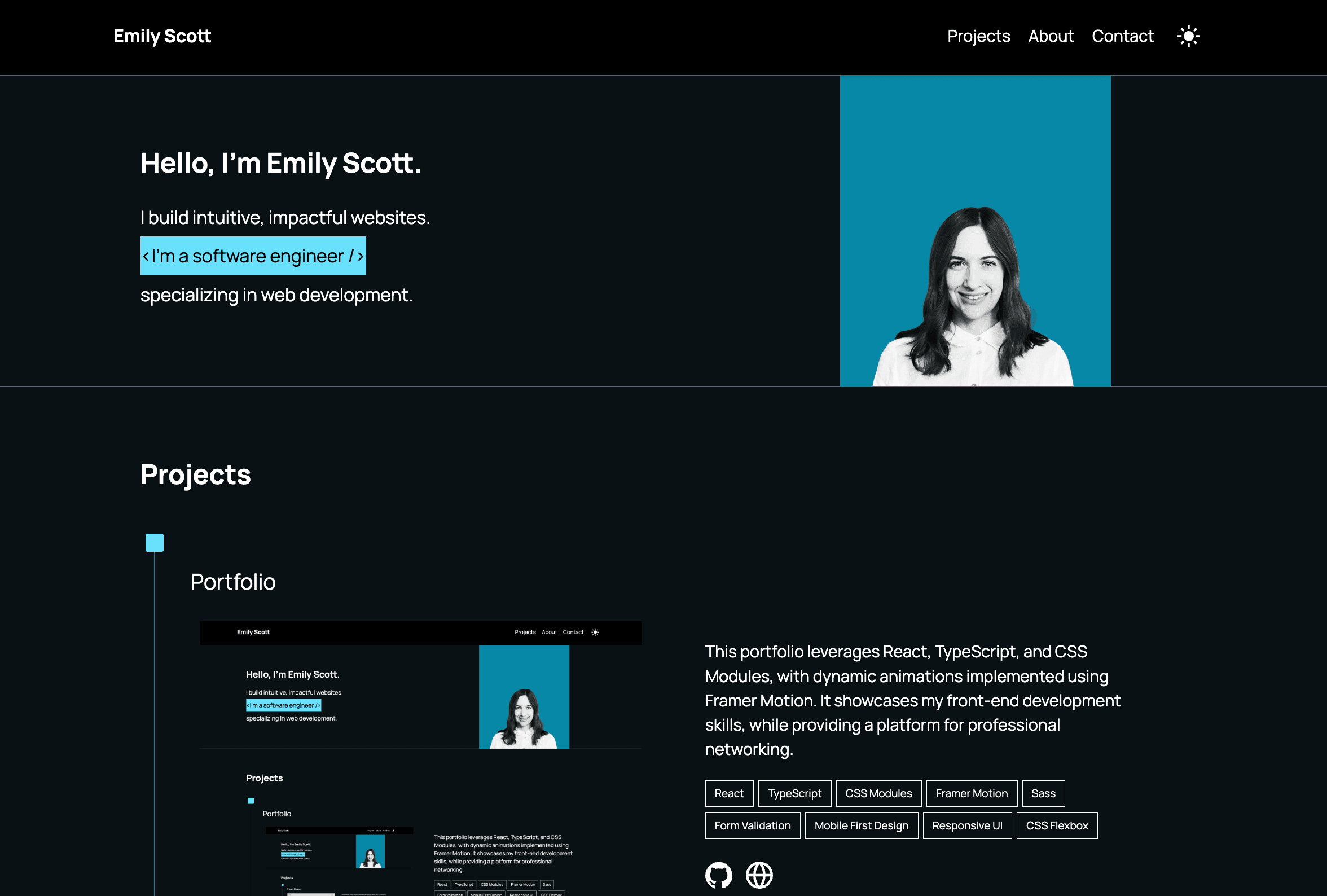screenshot of portfolio website